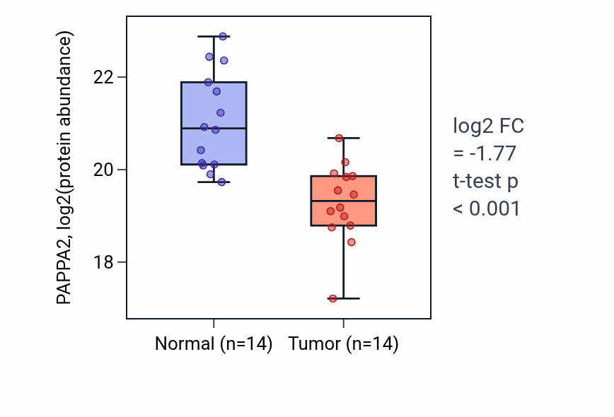 Tumor-vs-normal mass-spec protein box plot for PAPPA2 in CCRCC.