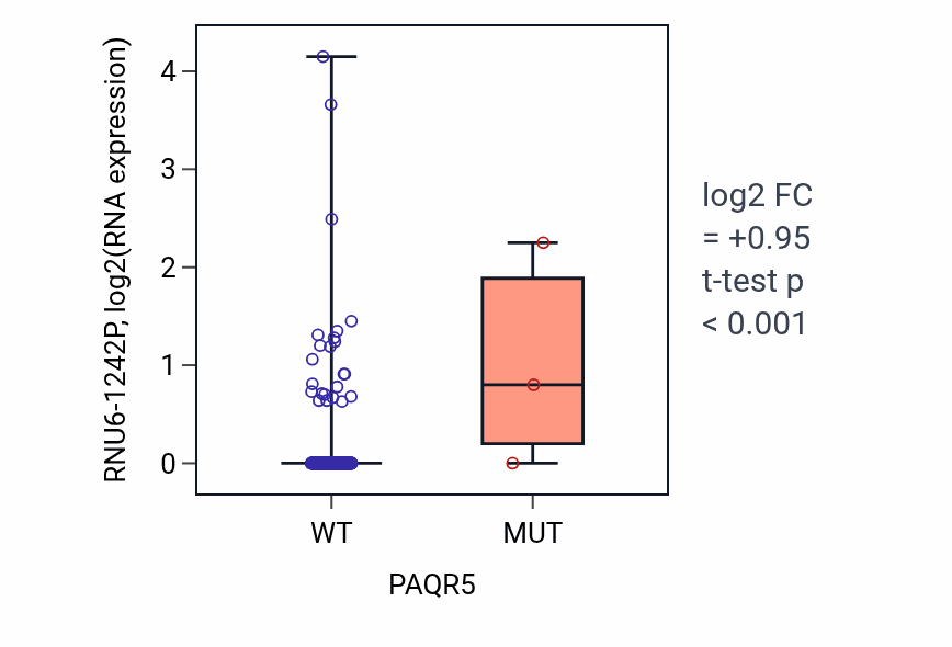 Box plot of RNU6-1242P in PAQR5-low vs PAQR5-high samples in COAD.
