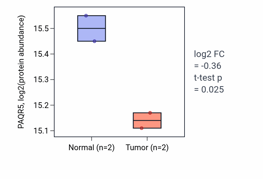 Tumor-vs-normal mass-spec protein box plot for PAQR5 in LSCC.