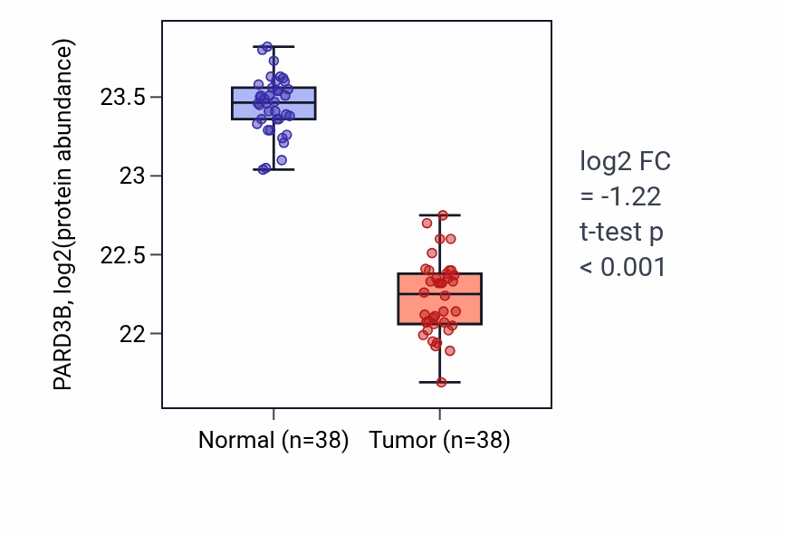 Tumor-vs-normal mass-spec protein box plot for PARD3B in CCRCC.