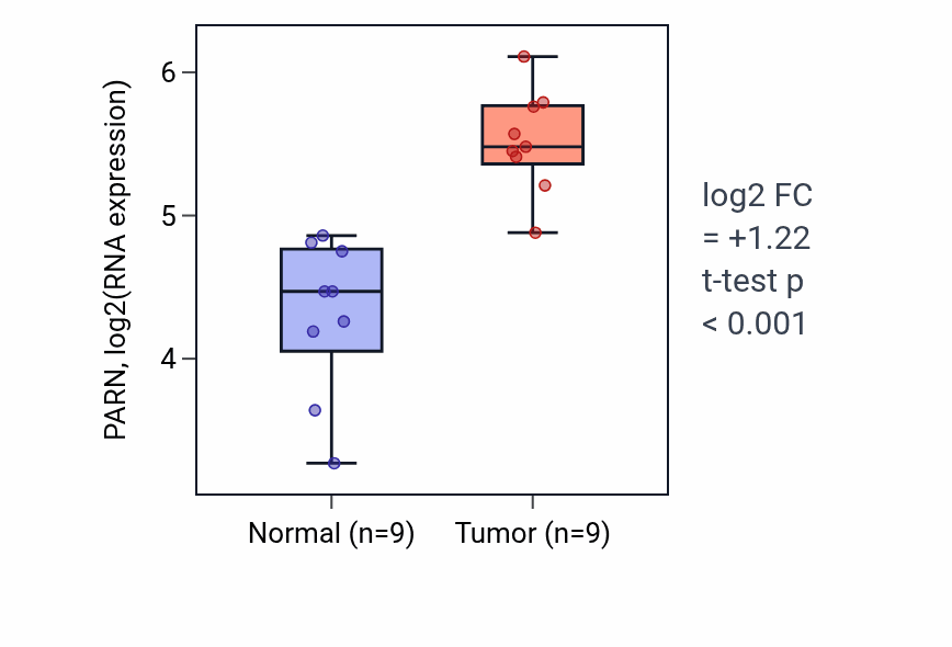 Tumor-vs-normal expression box plot for PARN RNA in HNSC.