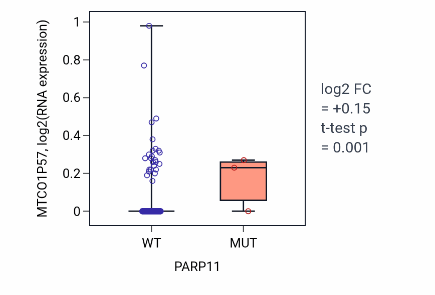Box plot of MTCO1P57 in PARP11-low vs PARP11-high samples in HNSC.