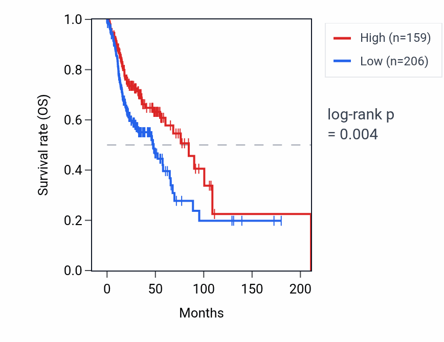 Kaplan&ndash;Meier survival curve for PARP4P2 RNA expression in HNSC: high vs low expression groups.