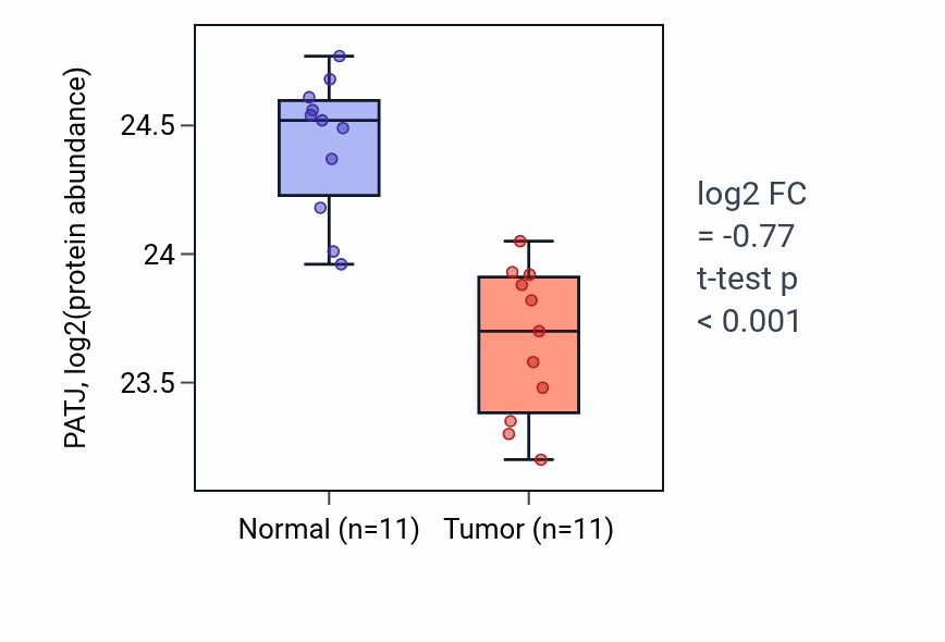 Tumor-vs-normal mass-spec protein box plot for PATJ in CCRCC.