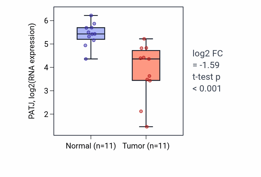 Tumor-vs-normal expression box plot for PATJ RNA in KICH.