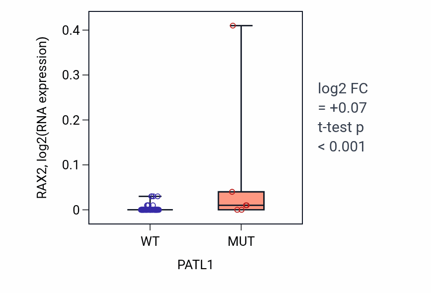 Box plot of RAX2 in PATL1-low vs PATL1-high samples in LARGE_INTESTINE.