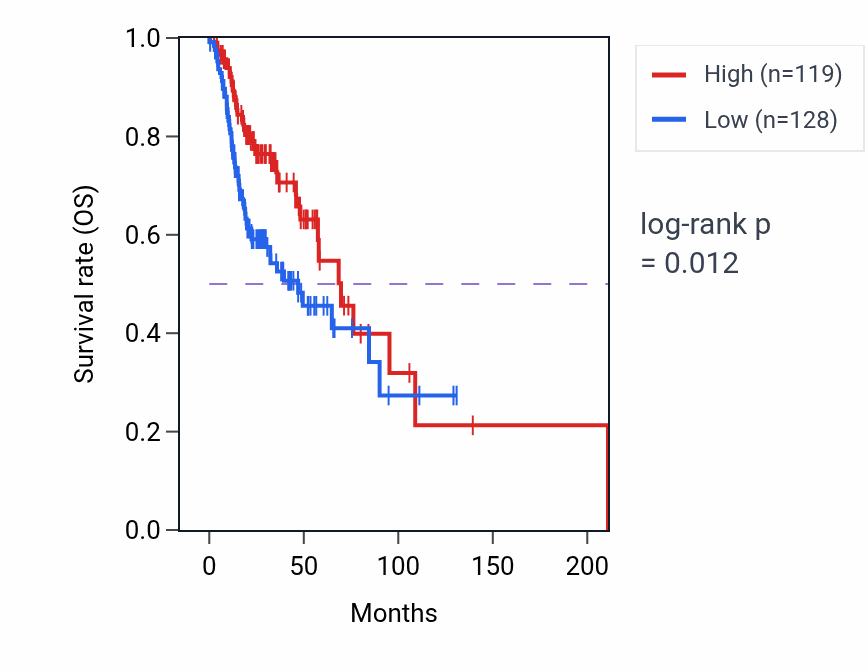 Kaplan&ndash;Meier survival curve for PAXBP1-AS1 RNA expression in HNSC: high vs low expression groups.