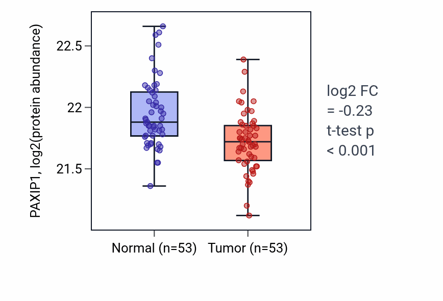 Tumor-vs-normal mass-spec protein box plot for PAXIP1 in HNSC.