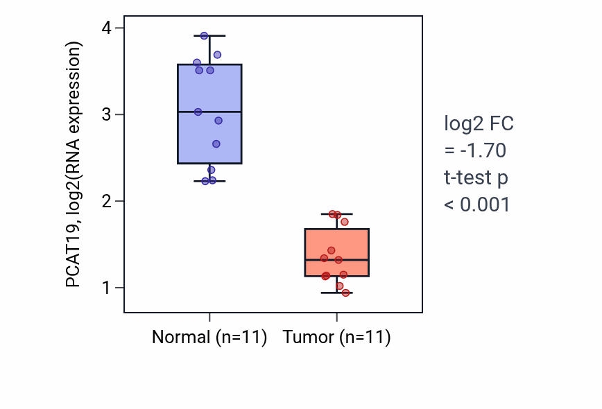 Tumor-vs-normal expression box plot for PCAT19 RNA in KICH.