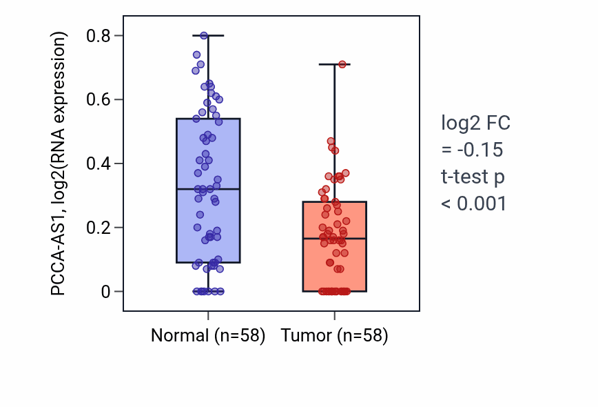 Tumor-vs-normal expression box plot for PCCA-AS1 in THCA.