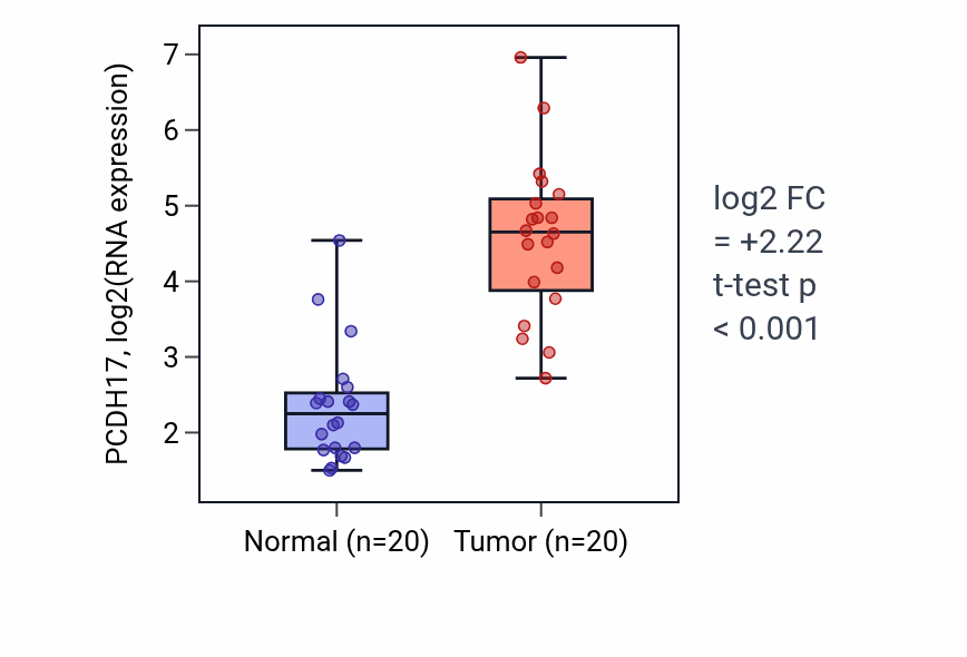 Tumor-vs-normal expression box plot for PCDH17 RNA in KIRC.