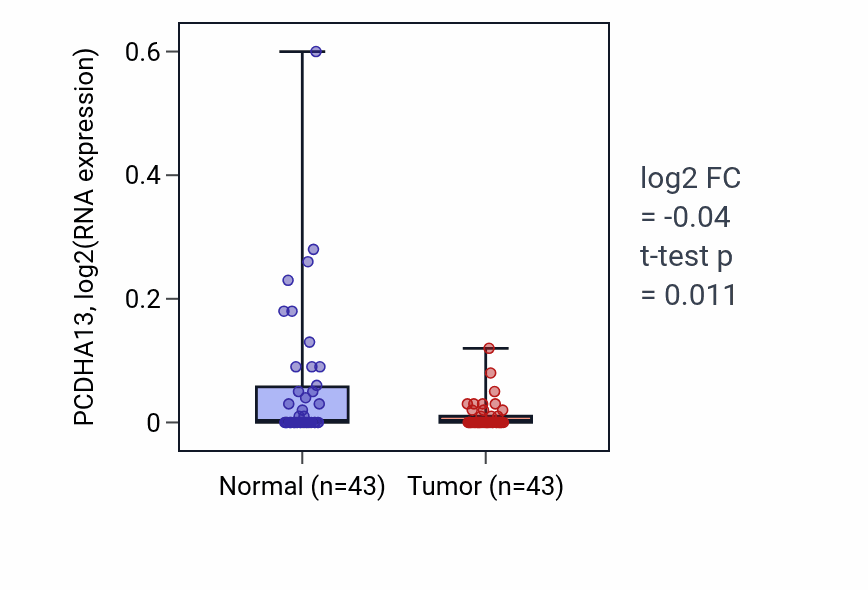 Tumor-vs-normal expression box plot for PCDHA13 RNA in HNSC.