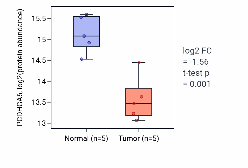 Tumor-vs-normal mass-spec protein box plot for PCDHGA6 in LSCC.