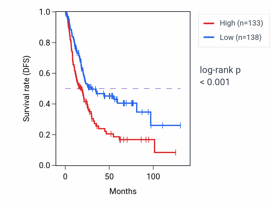 Kaplan&ndash;Meier survival curve for PCDHGB3 RNA expression in BLCA: high vs low expression groups.