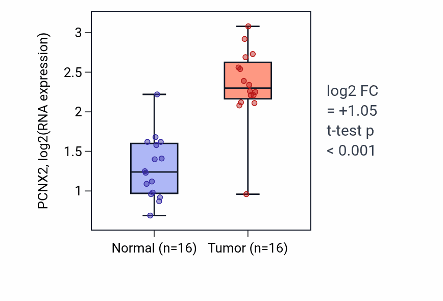 Tumor-vs-normal expression box plot for PCNX2 RNA in HNSC.