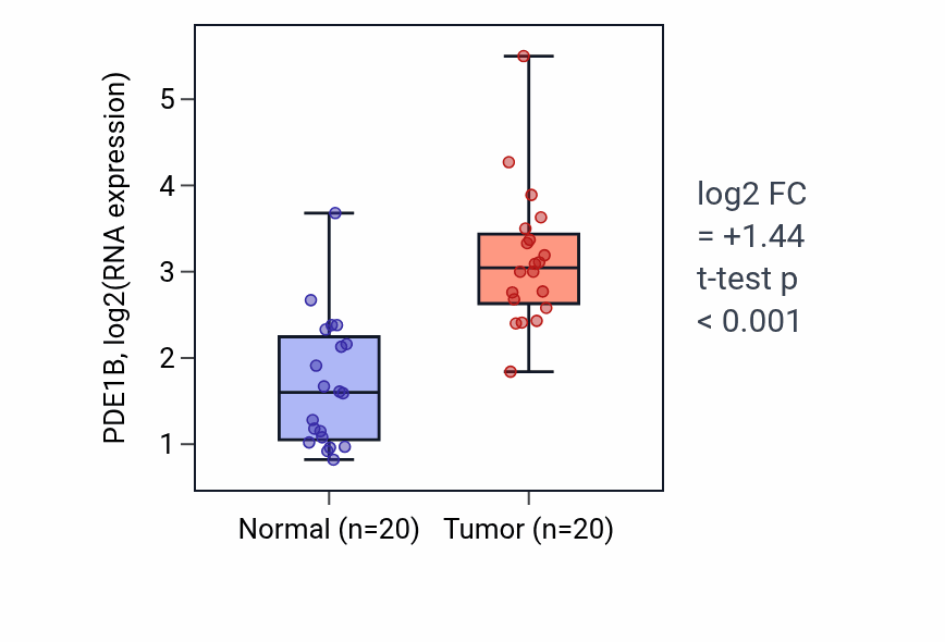 Tumor-vs-normal expression box plot for PDE1B RNA in KIRC.