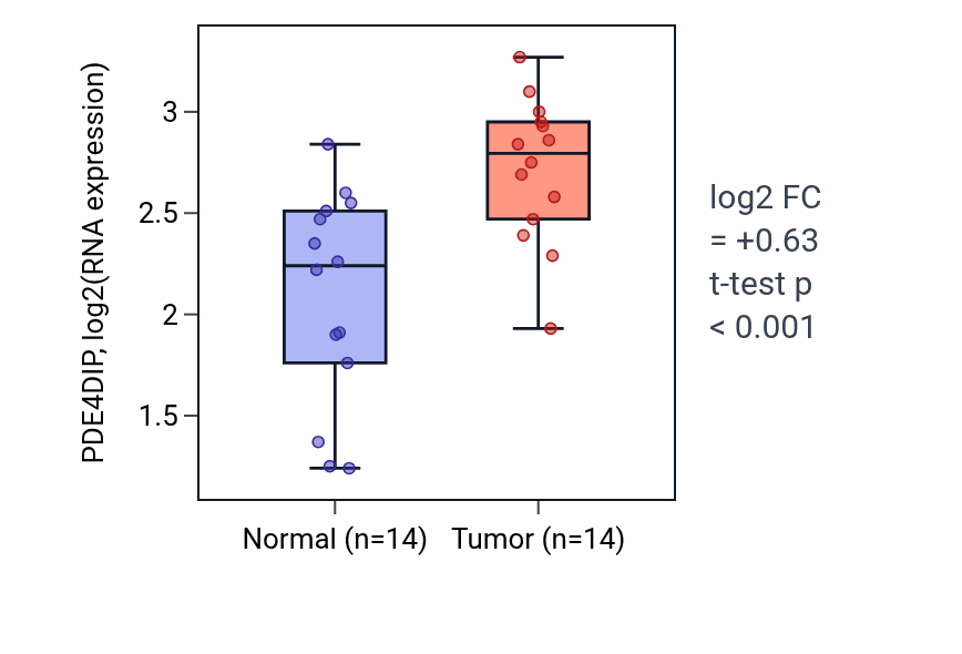 Tumor-vs-normal expression box plot for PDE4DIP RNA in BLCA.