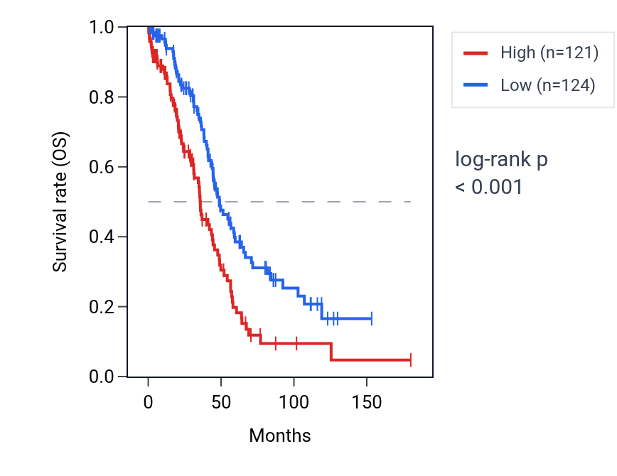 Kaplan&ndash;Meier survival curve for PDIA3P2 RNA expression in OV: high vs low expression groups.