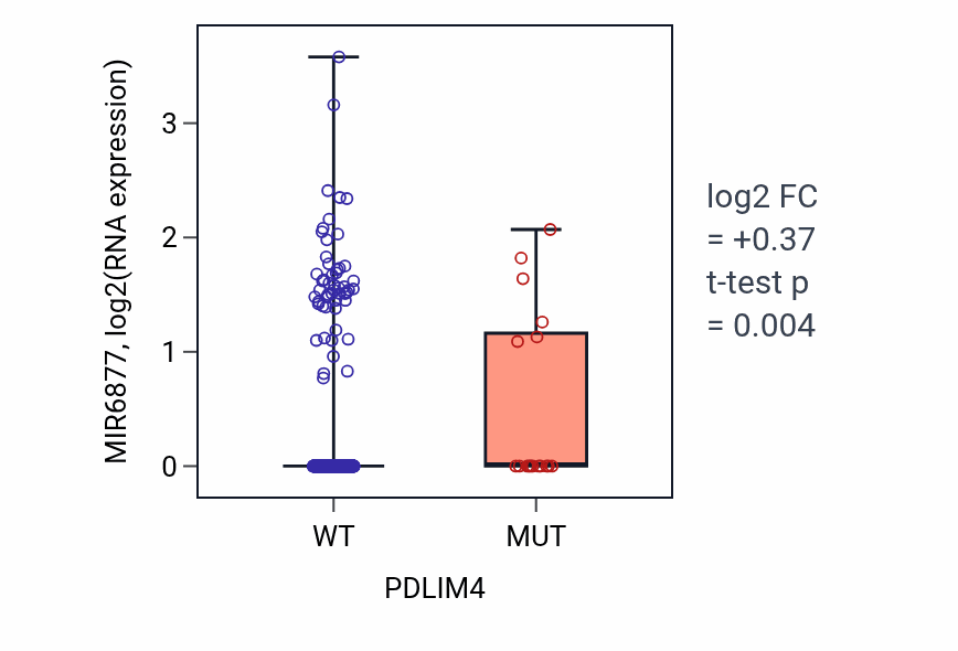 Box plot of MIR6877 in PDLIM4-low vs PDLIM4-high samples in UCEC.