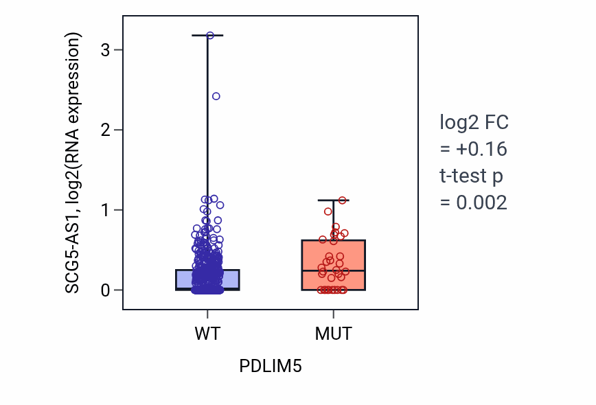 Box plot of SCG5-AS1 in PDLIM5-low vs PDLIM5-high samples in UCEC.