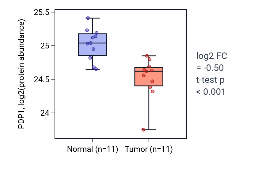 Tumor-vs-normal mass-spec protein box plot for PDP1 in CCRCC.