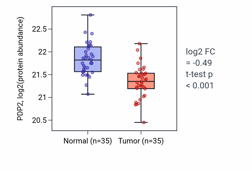 Tumor-vs-normal mass-spec protein box plot for PDP2 in CCRCC.
