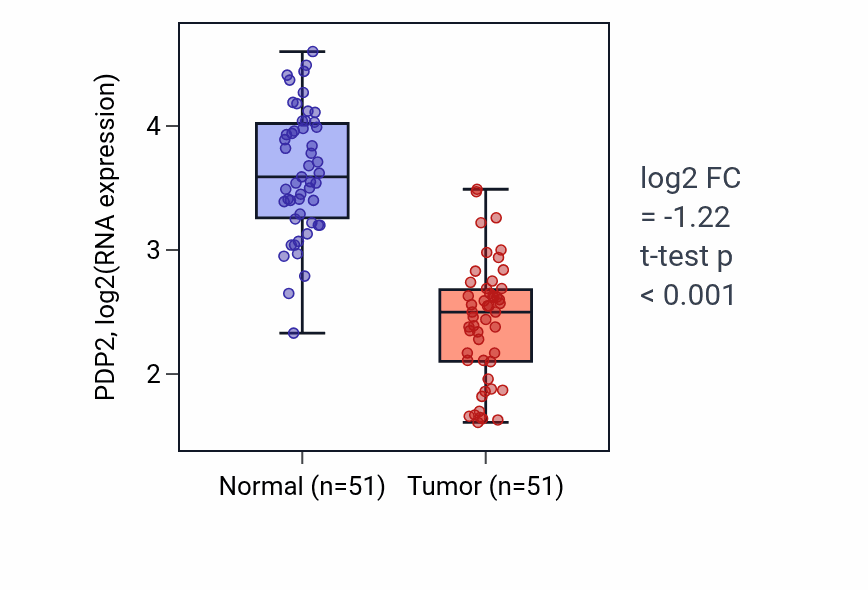 Tumor-vs-normal expression box plot for PDP2 RNA in KIRC.