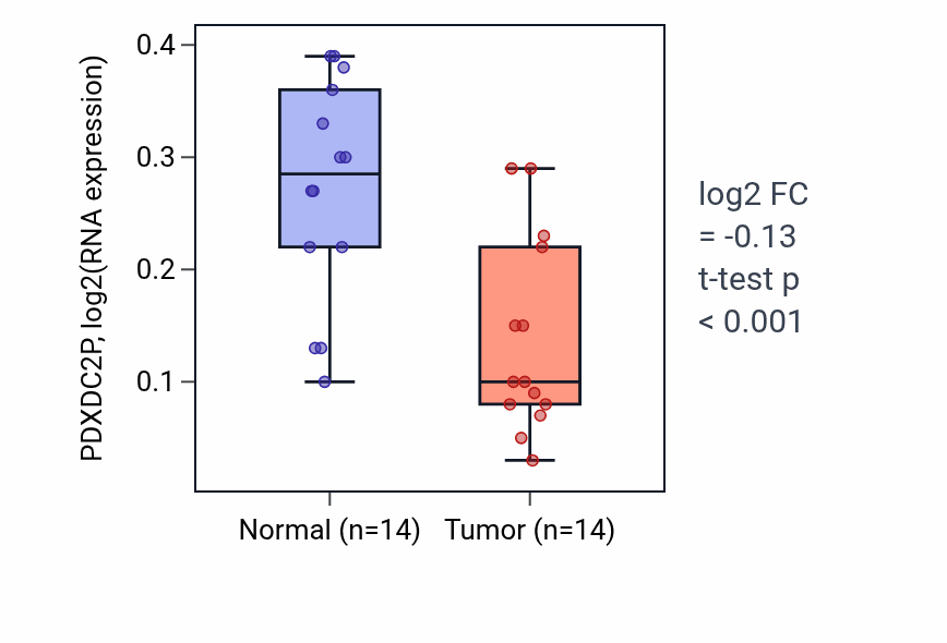 Tumor-vs-normal expression box plot for PDXDC2P in THCA.