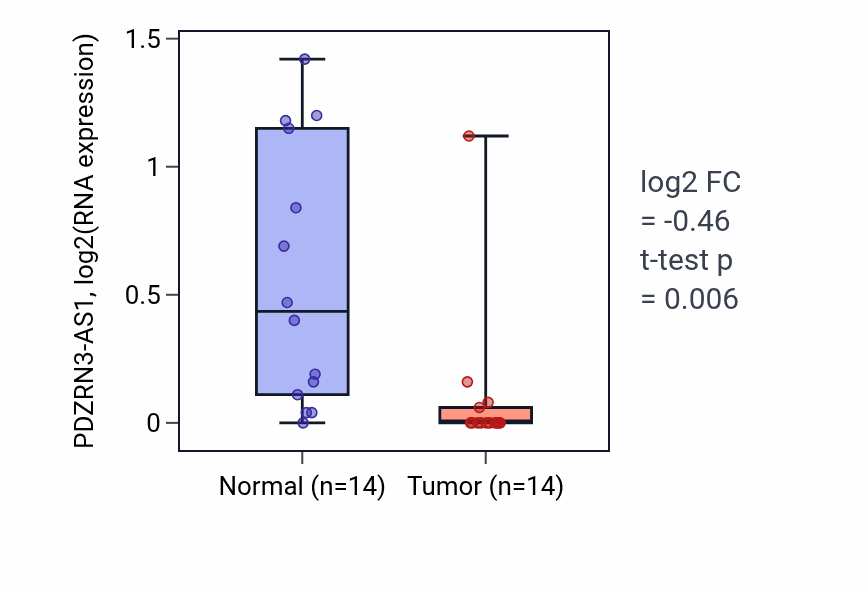 Tumor-vs-normal expression box plot for PDZRN3-AS1 in BLCA.