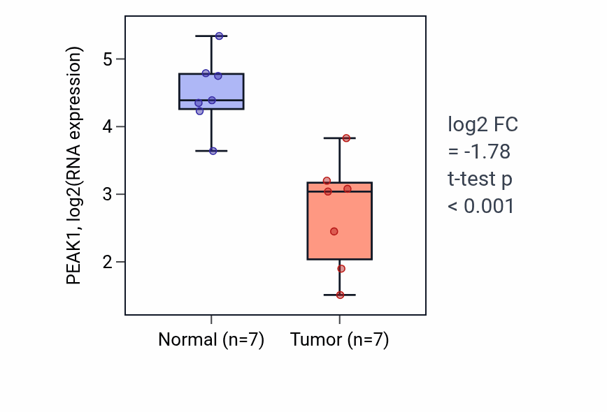 Tumor-vs-normal expression box plot for PEAK1 RNA in LUSC.