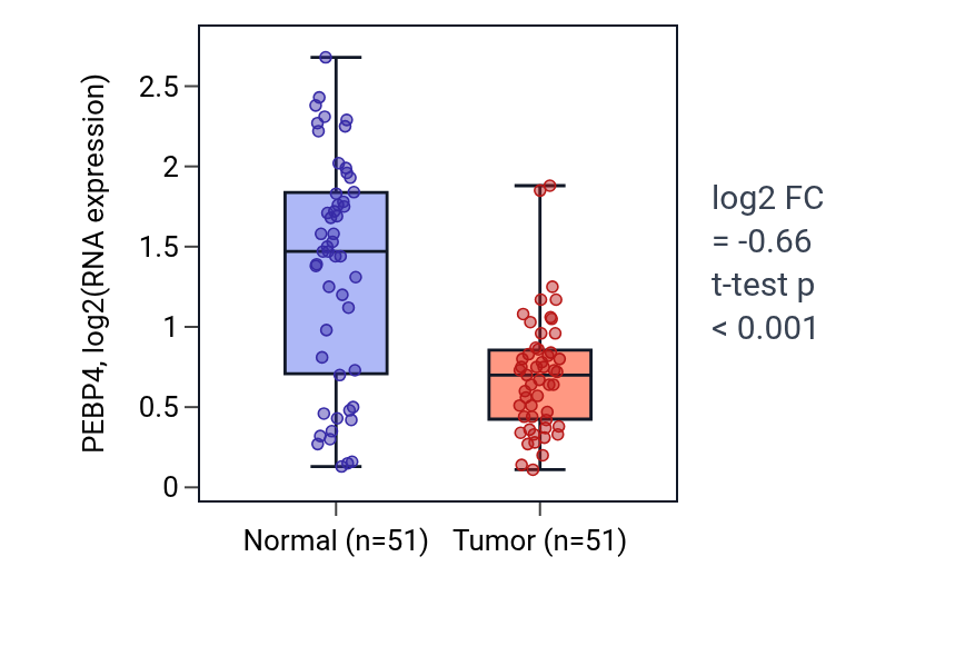 Tumor-vs-normal expression box plot for PEBP4 in KIRC.