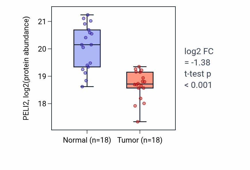 Tumor-vs-normal mass-spec protein box plot for PELI2 in PDAC.