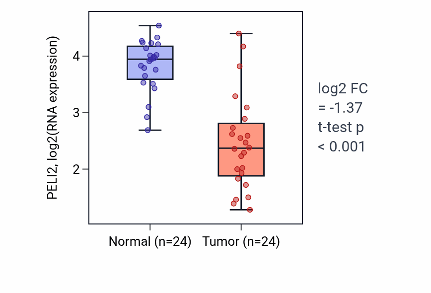 Tumor-vs-normal expression box plot for PELI2 RNA in KIRC.