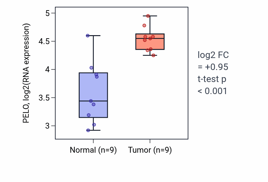 Tumor-vs-normal expression box plot for PELO RNA in HNSC.