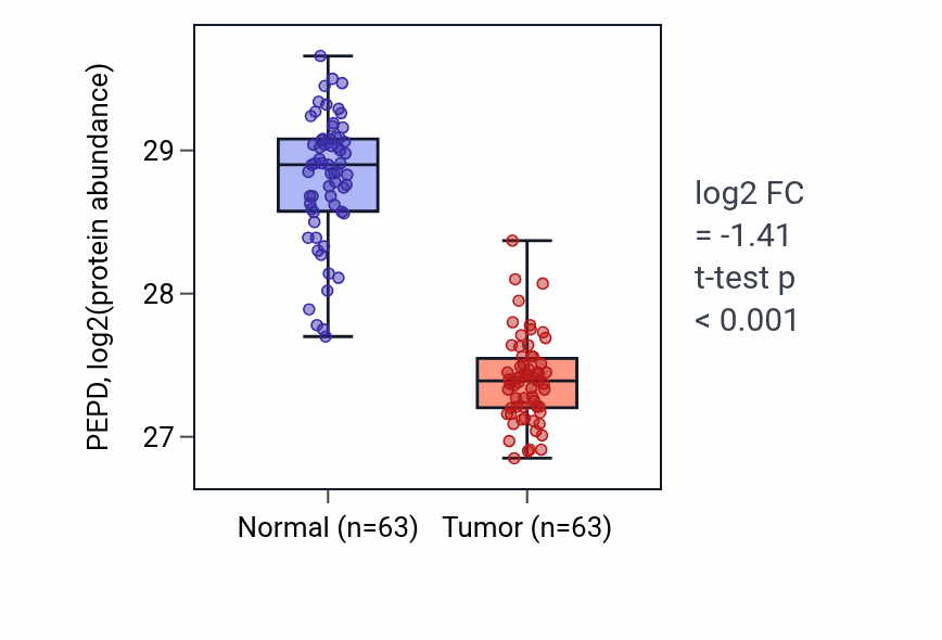 Tumor-vs-normal mass-spec protein box plot for PEPD in CCRCC.