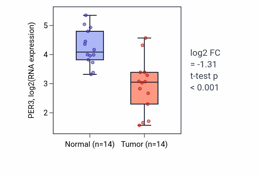 Tumor-vs-normal expression box plot for PER3 RNA in BLCA.