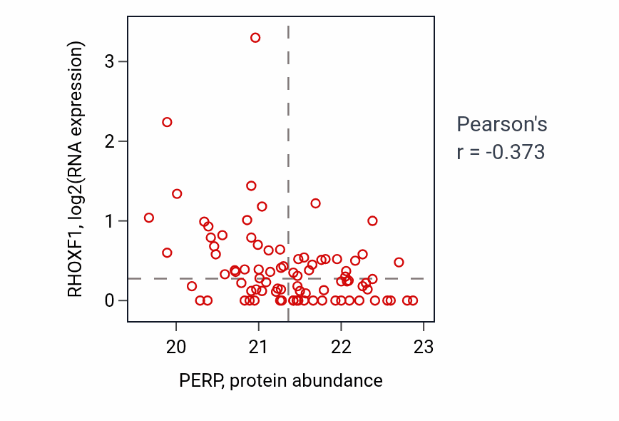 Per-sample scatter of PERP vs RHOXF1 in HNSC (Pearson r = -0.37).