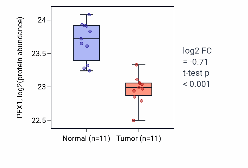 Tumor-vs-normal mass-spec protein box plot for PEX1 in CCRCC.