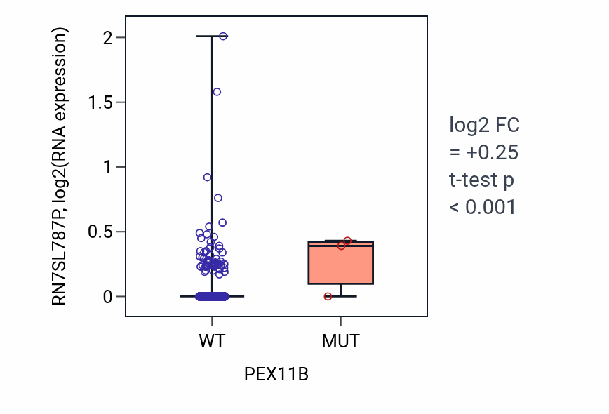 Box plot of RN7SL787P in PEX11B-low vs PEX11B-high samples in BRCA.