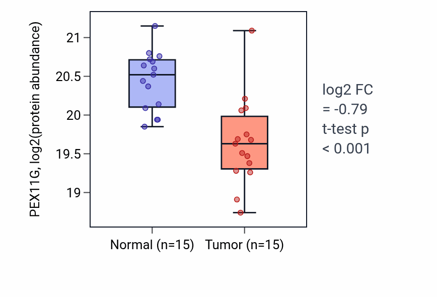 Tumor-vs-normal mass-spec protein box plot for PEX11G in CCRCC.
