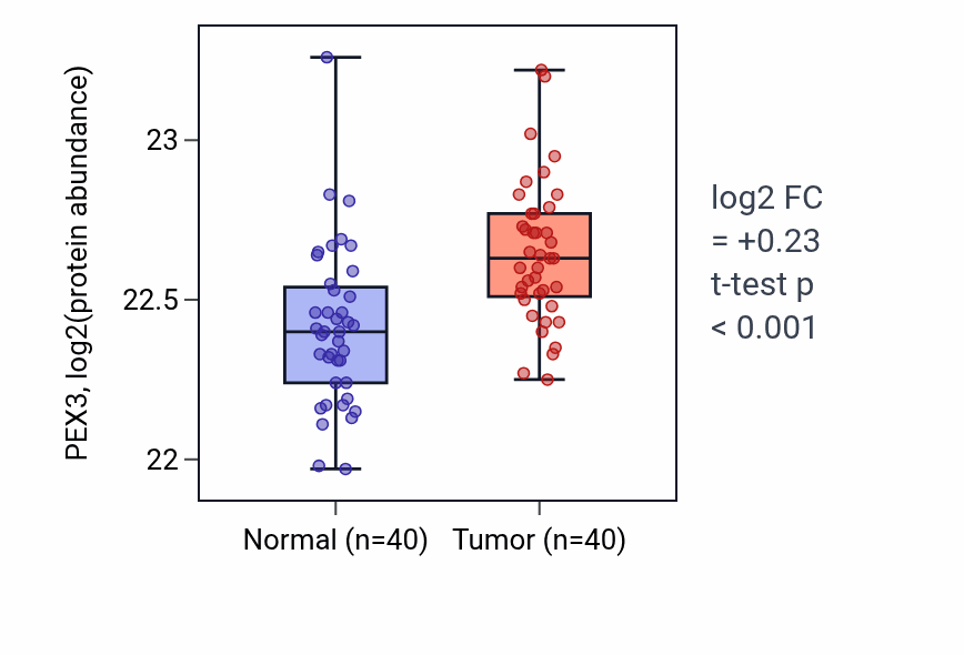 Tumor-vs-normal mass-spec protein box plot for PEX3 in COAD.
