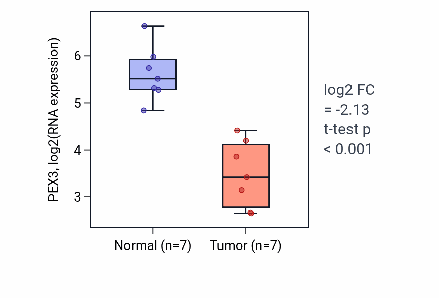 Tumor-vs-normal expression box plot for PEX3 RNA in KICH.