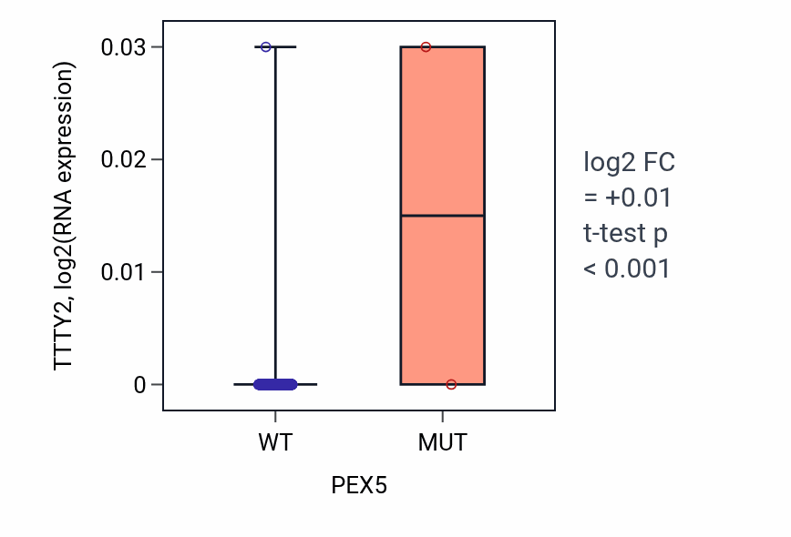 Box plot of TTTY2 in PEX5-low vs PEX5-high samples in HNSC.