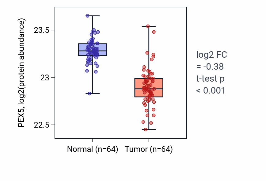 Tumor-vs-normal mass-spec protein box plot for PEX5 in LUAD.