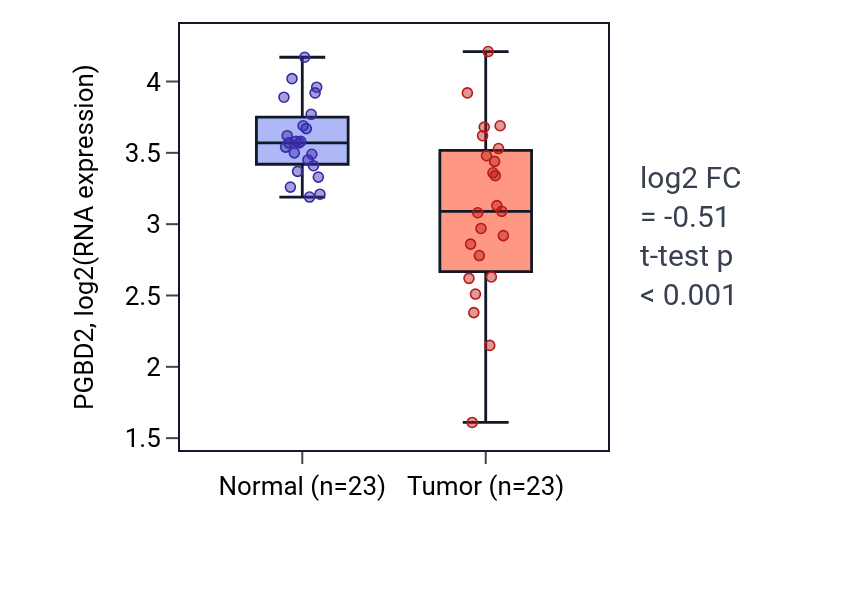 Tumor-vs-normal expression box plot for PGBD2 in THCA.