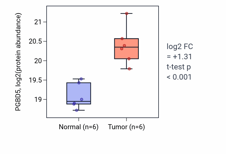 Tumor-vs-normal mass-spec protein box plot for PGBD5 in CCRCC.