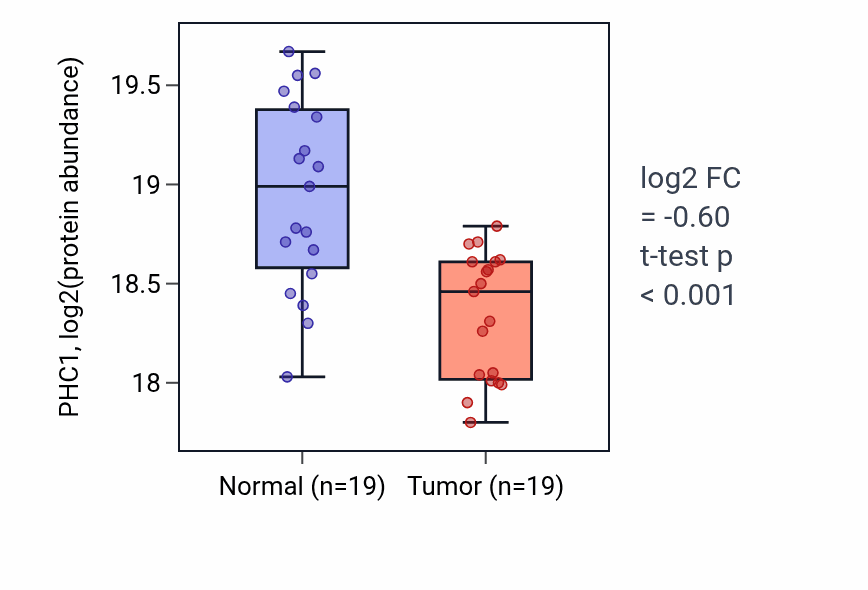 Tumor-vs-normal mass-spec protein box plot for PHC1 in PDAC.