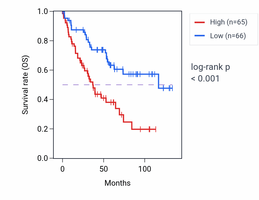 Kaplan&ndash;Meier survival curve for PHC2-AS1 RNA-high vs -low samples in KIRC.