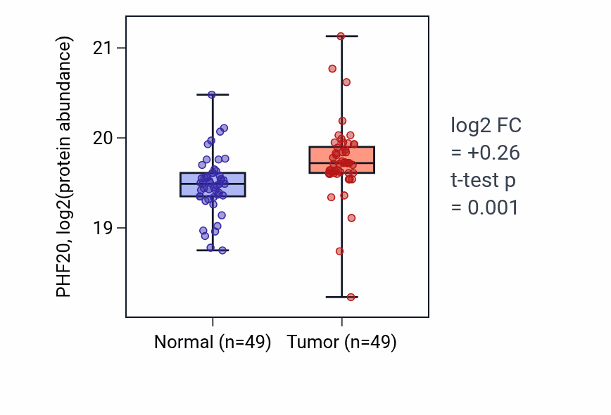 Tumor-vs-normal mass-spec protein box plot for PHF20 in CCRCC.