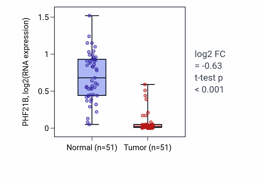 Tumor-vs-normal expression box plot for PHF21B in KIRC.